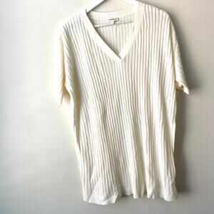 Eileen Fisher Beige Ribbed Short Sleeve V-neck Oversized Sweater Tunic Top - S